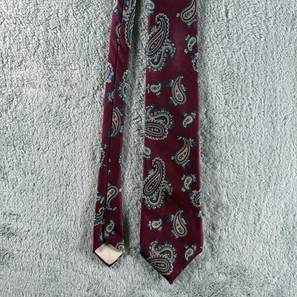 Burgundy Paisley Silk Blend Necktie Teal Tan Navy Pattern Mens Formal Tie
